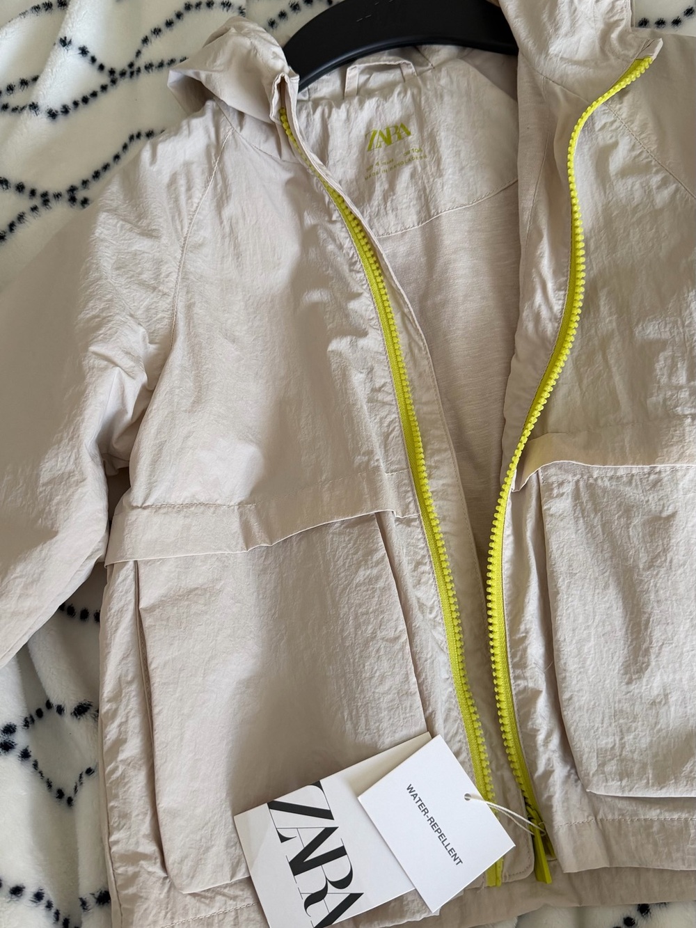 Zara Kids Cream Hooded Jacket with Neon Yellow Zipper